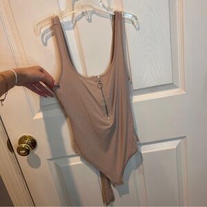 Beige Ribbed Zip-Front Bodysuit